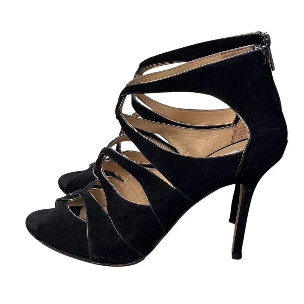 Jimmy Choo Black‎ Strappy Suede Heels Sandals EU 38.5 Stiletto Cage Heels